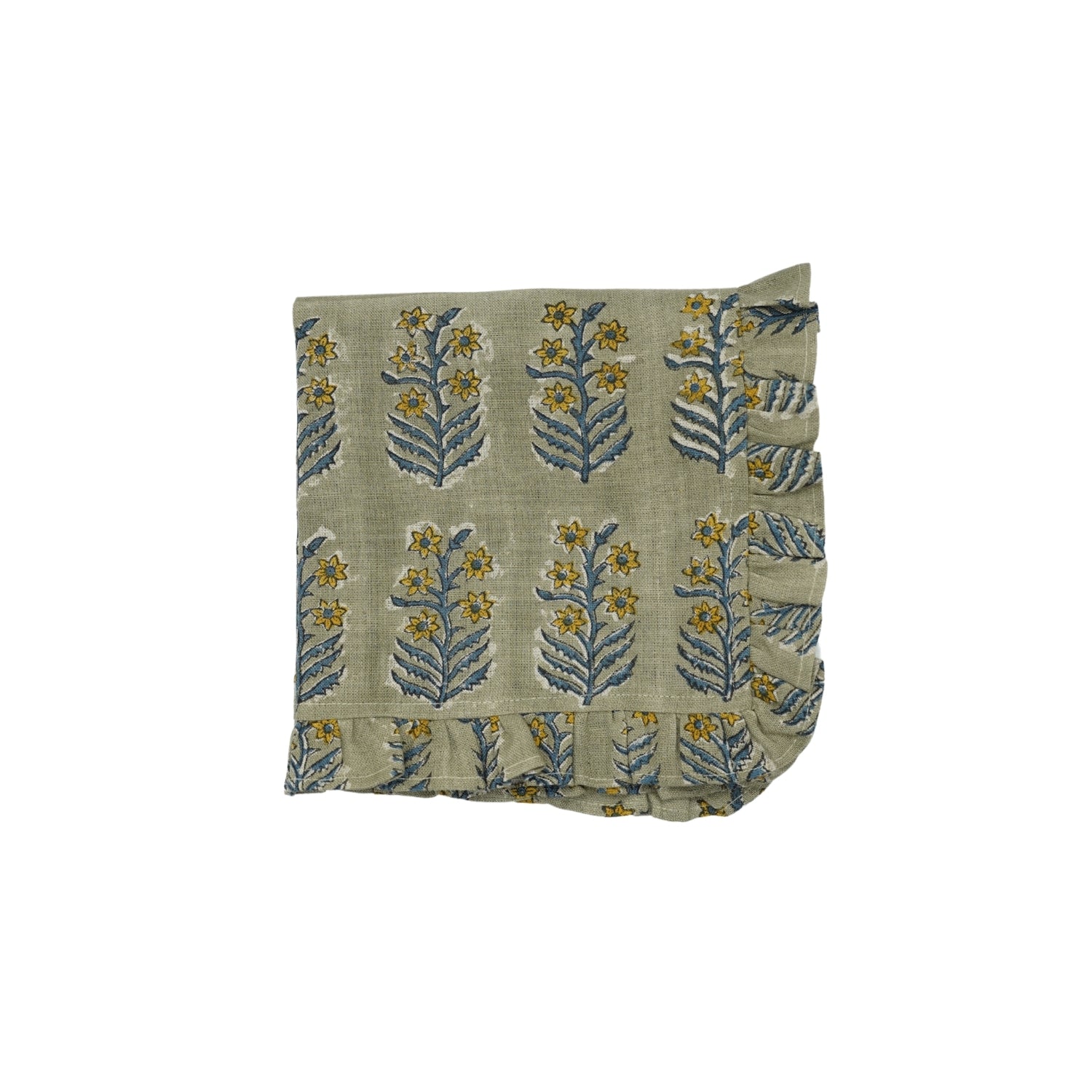 Classic Mustard Inderdhanush Floral Printed Pure Linen Table Frill Napkins - Handmade & Elegant