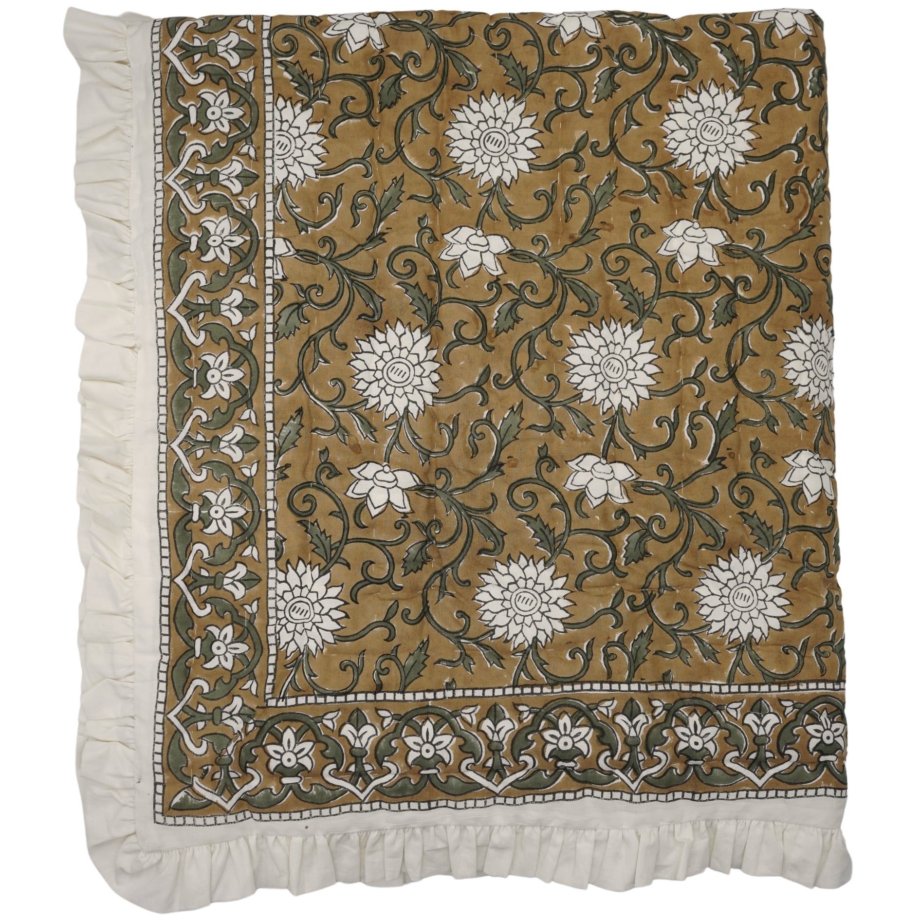 Block Printed Floral Cotton Comfort Quilt