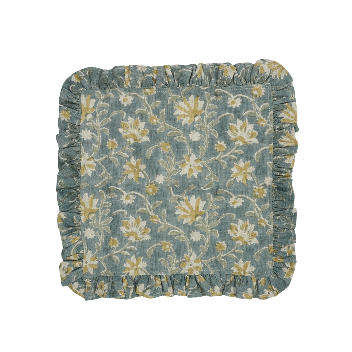 Soft & Luxurious Aradhana Green Handblock Floral Printed Table Pure Linen Frill Napkins