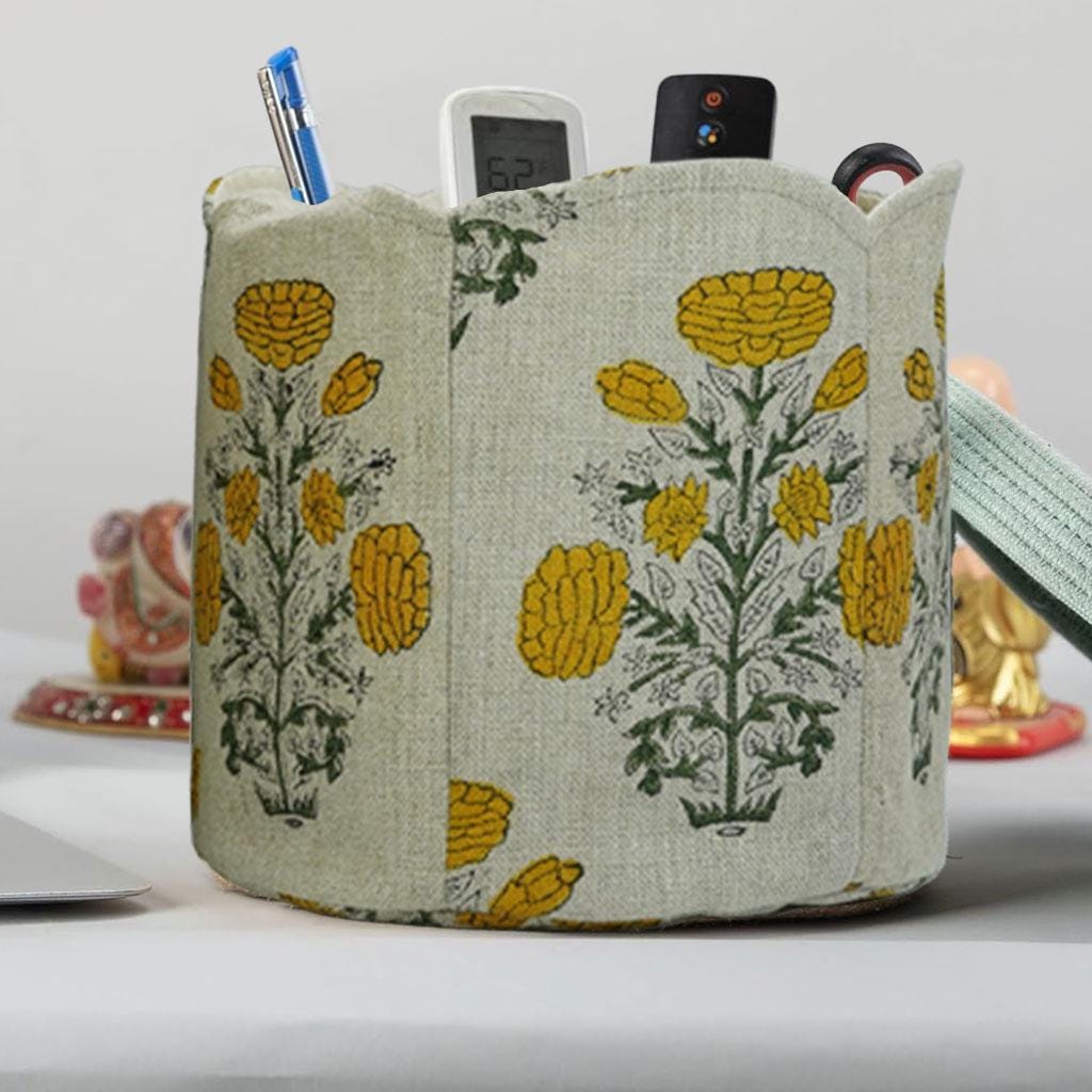 THICK LINEN FLORAL BASKETS BOHEMIAN MUSTARD &amp; GREEN BLOCK PRINTED ROUND ORGANIZER - SWADESH