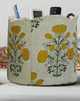 THICK LINEN FLORAL BASKETS BOHEMIAN MUSTARD & GREEN BLOCK PRINTED ROUND ORGANIZER - SWADESH