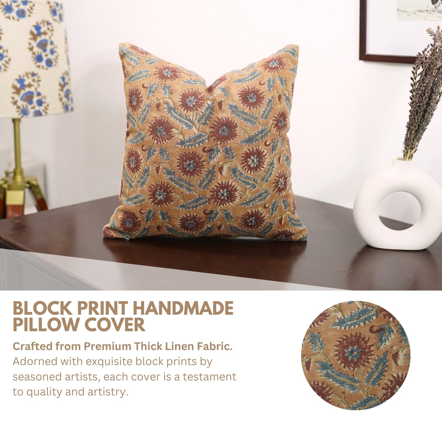 Block Printed Floral Thick Linen Housewarming Cushion Cases - Swarna