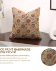 Floral Handmade Block Printed Thick Linen Pillow Cover - Swarna