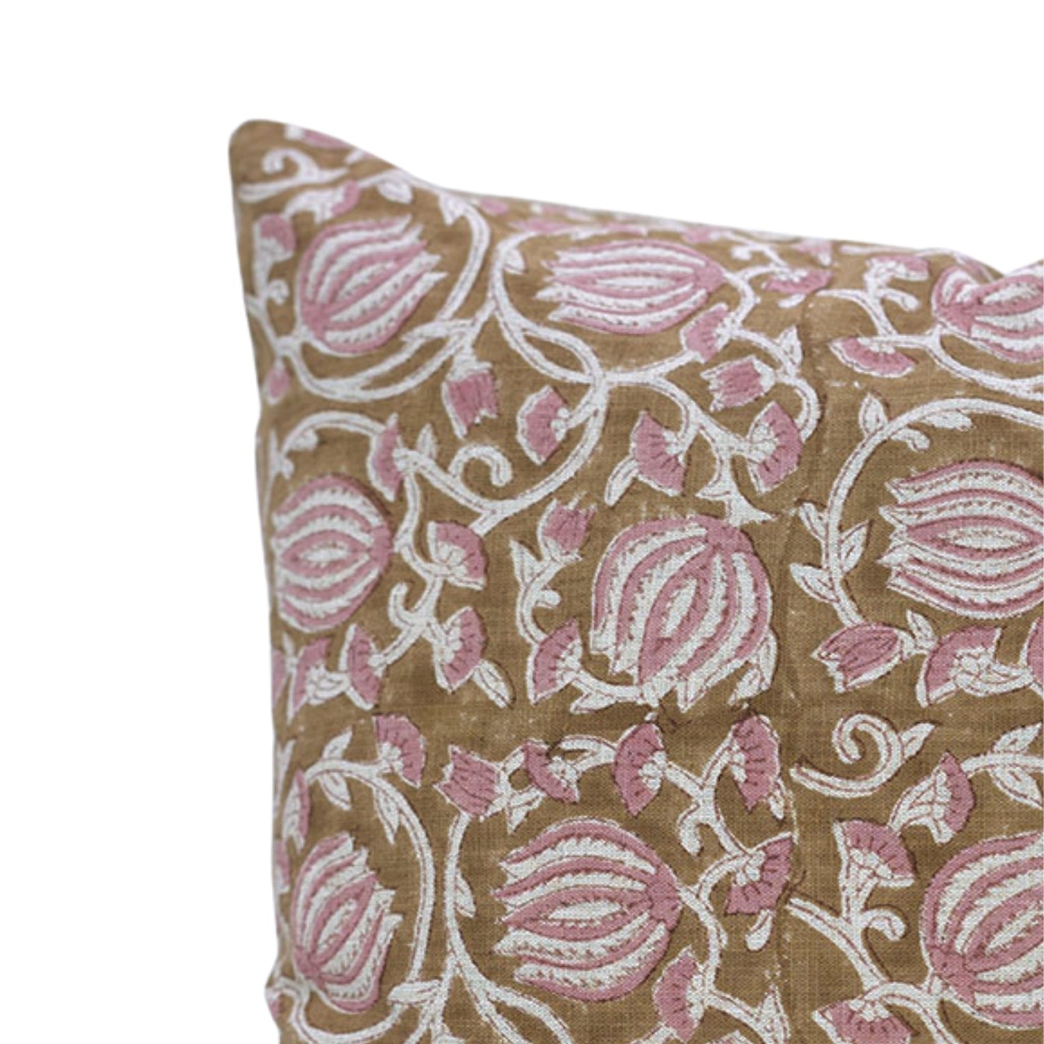 6 Kamal Handcrafted Viscose Linen Cushion Wrap – Pink & Brown Floral Block Print Elegance