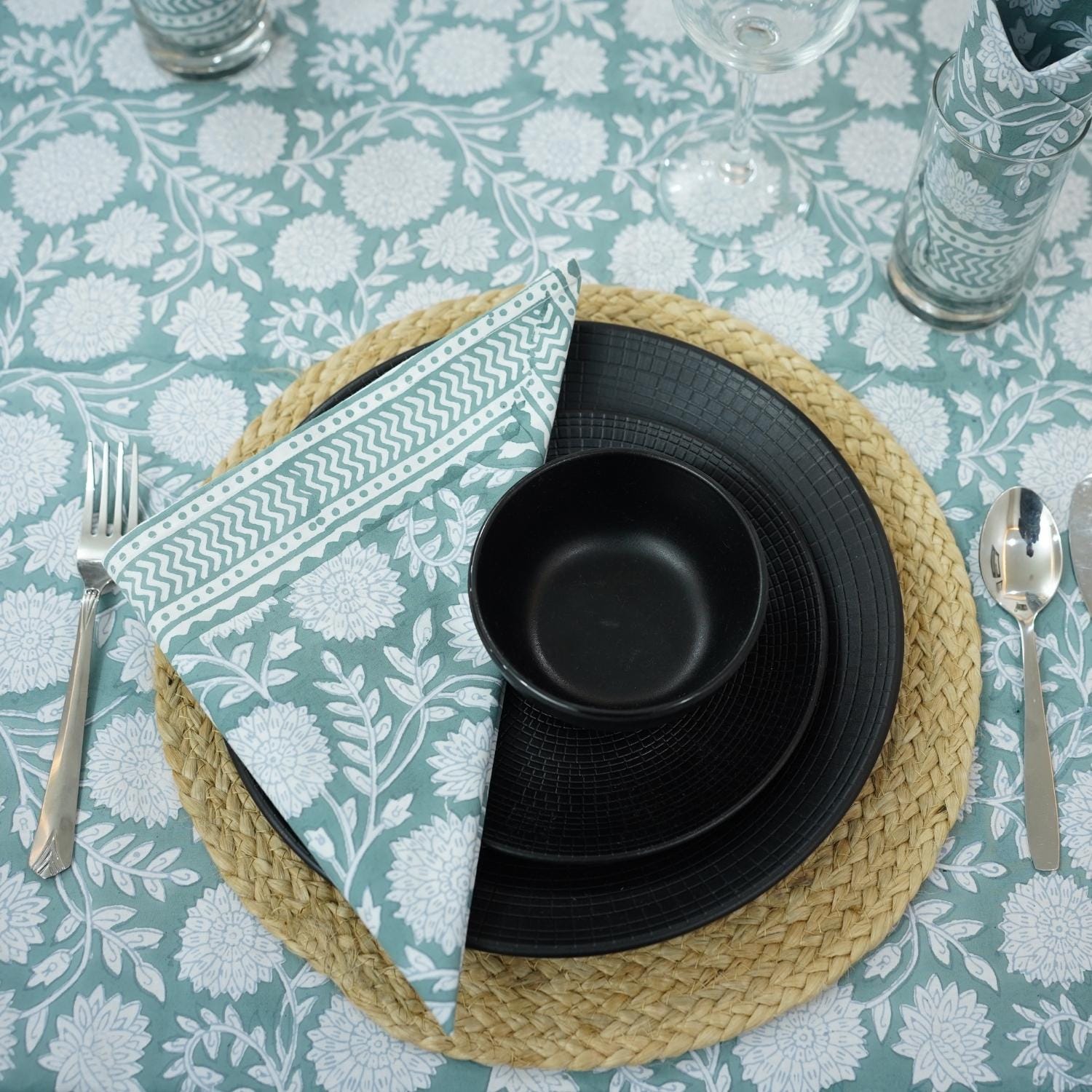 BLOCK PRINTED SKY BLUE BOHO FLORAL COTTON TABLE CLOTH/COVER AND NAPKINS SET - RAJAT