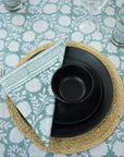 BLOCK PRINTED SKY BLUE BOHO FLORAL COTTON TABLE CLOTH/COVER AND NAPKINS SET - RAJAT