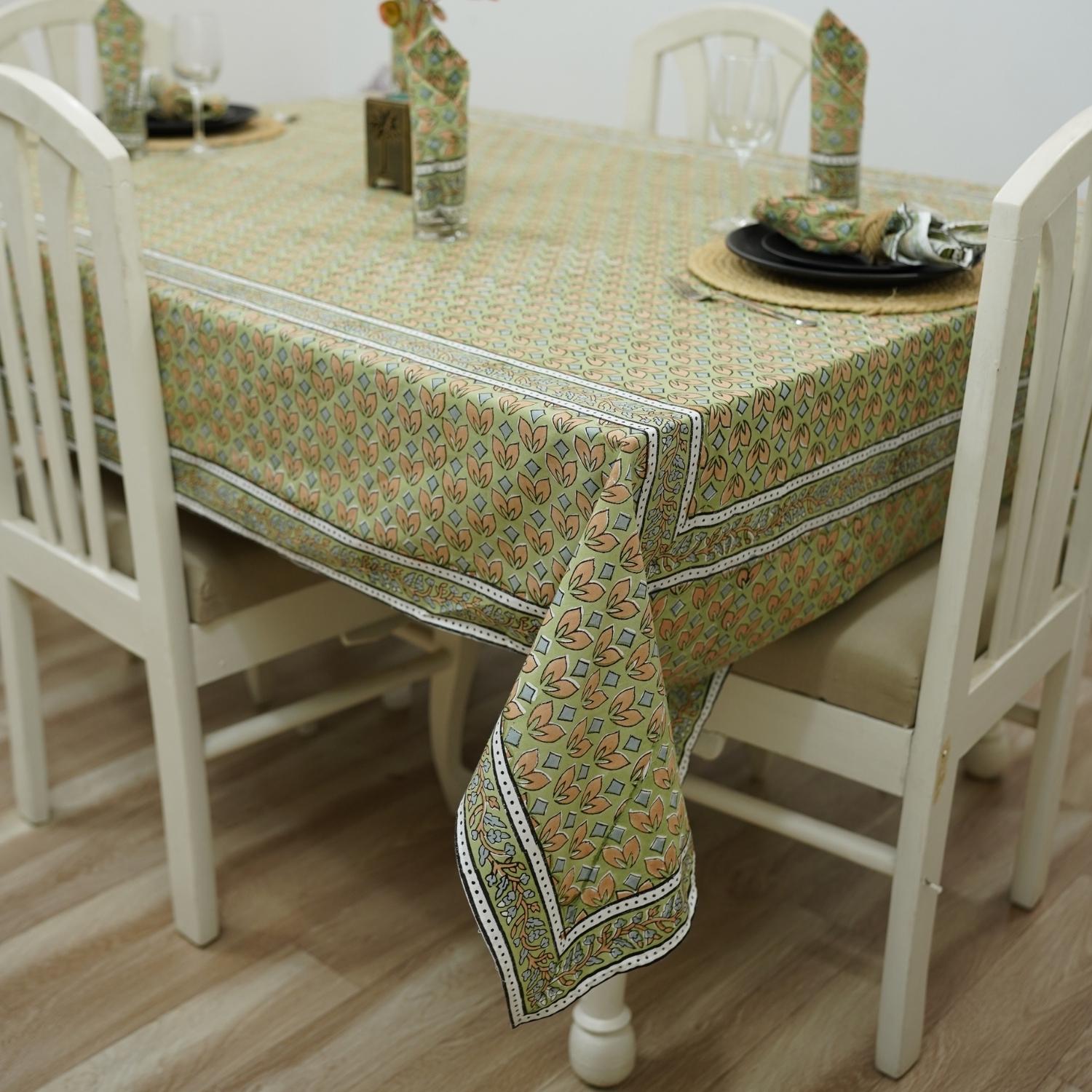 HAND BLOCK PRINTED COTTON FLORAL DECORATIVE BOHO TABLE COVER WITH NAPKINS - TITLI