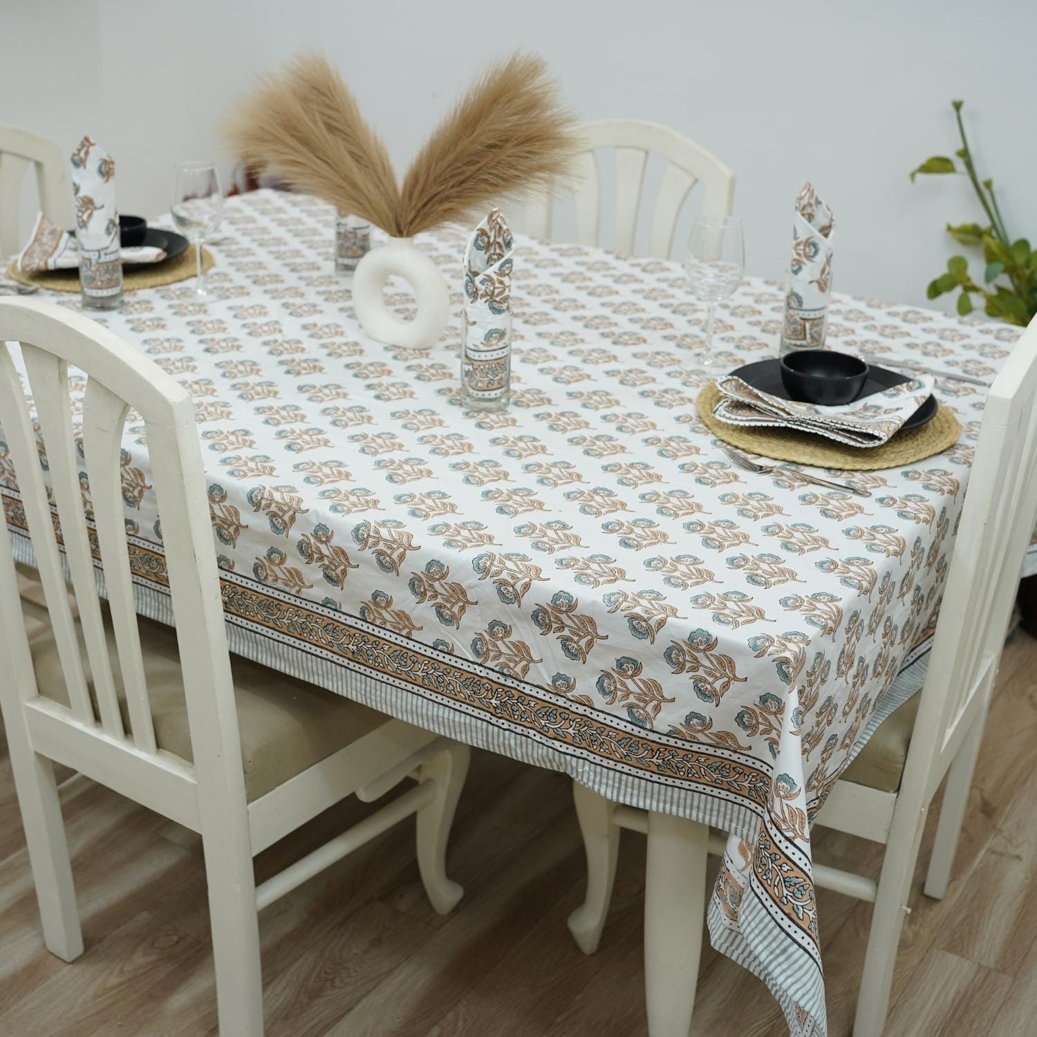 BROWN FLORAL HAND BLOCK PRINTED COTTON KITCHEN TABLE COVER AND NAPKINS SET - BAEL PATRA