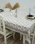 BROWN FLORAL HAND BLOCK PRINTED COTTON KITCHEN TABLE COVER AND NAPKINS SET - BAEL PATRA