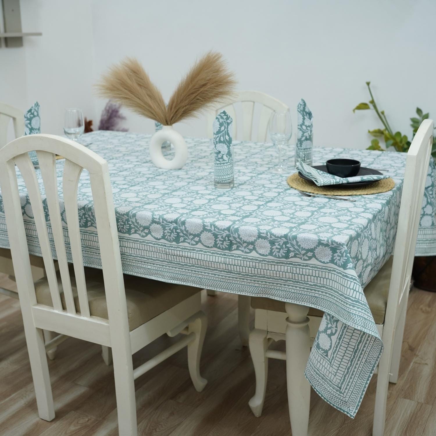 BLOCK PRINTED SKY BLUE BOHO FLORAL COTTON TABLE CLOTH/COVER AND NAPKINS SET - RAJAT