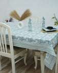 BLOCK PRINTED SKY BLUE BOHO FLORAL COTTON TABLE CLOTH/COVER AND NAPKINS SET - RAJAT