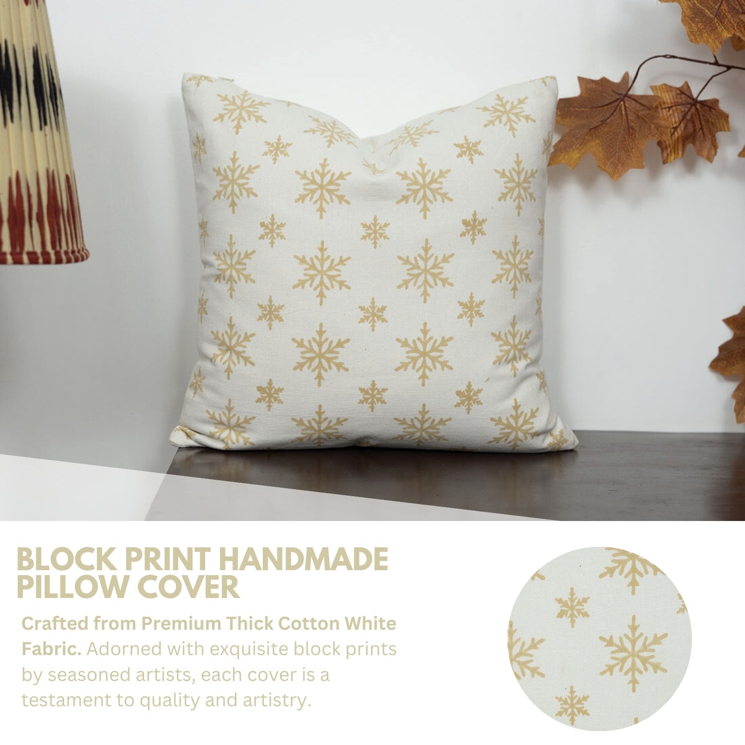 Mustard & White Sparkle Handblock Cushion Cover – Floral Print on Thick Cotton Fabric