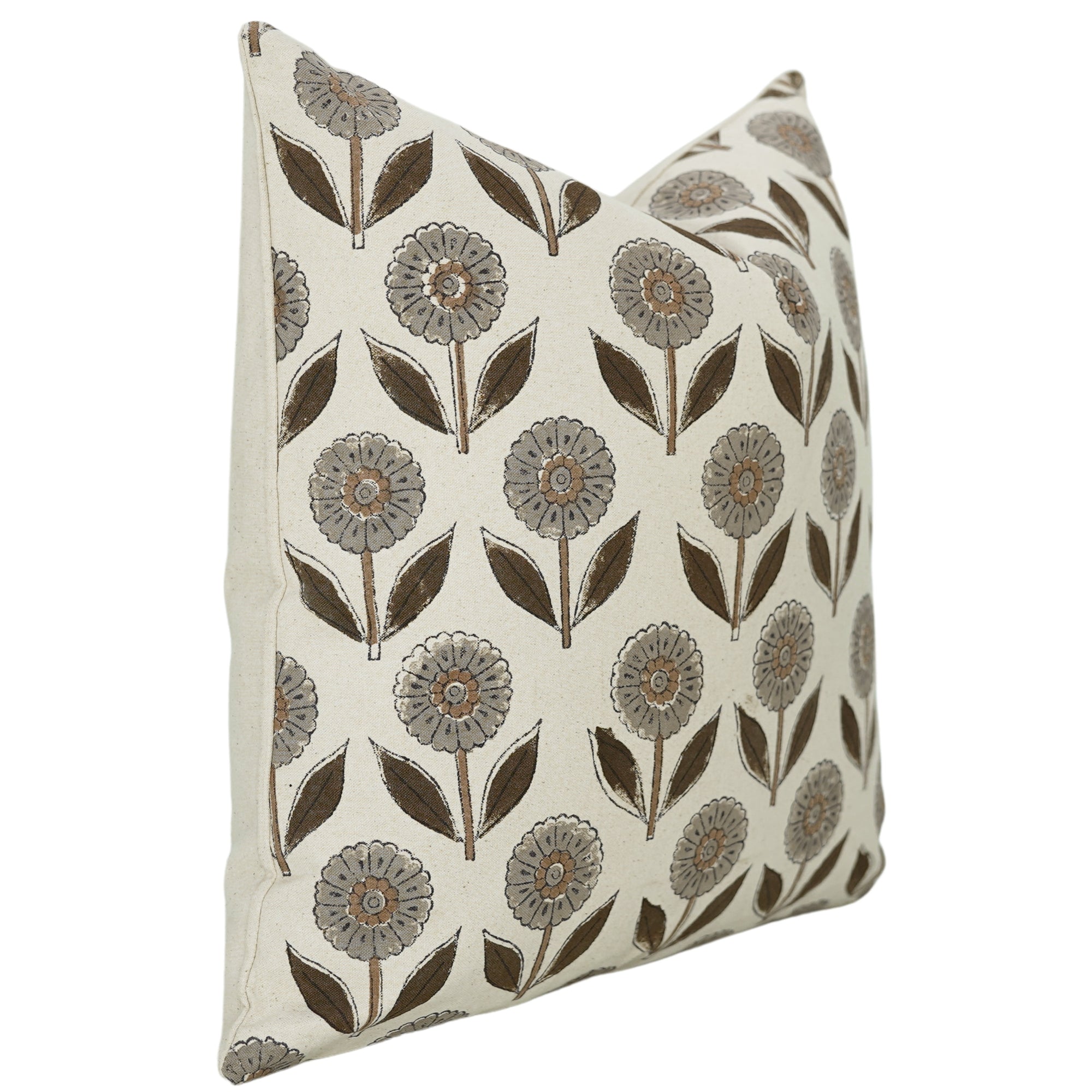 Elegant Handblock Floral Cushion Case With Invisible Zipper in Gray and Brown - GandaPushpa By Fabdivine