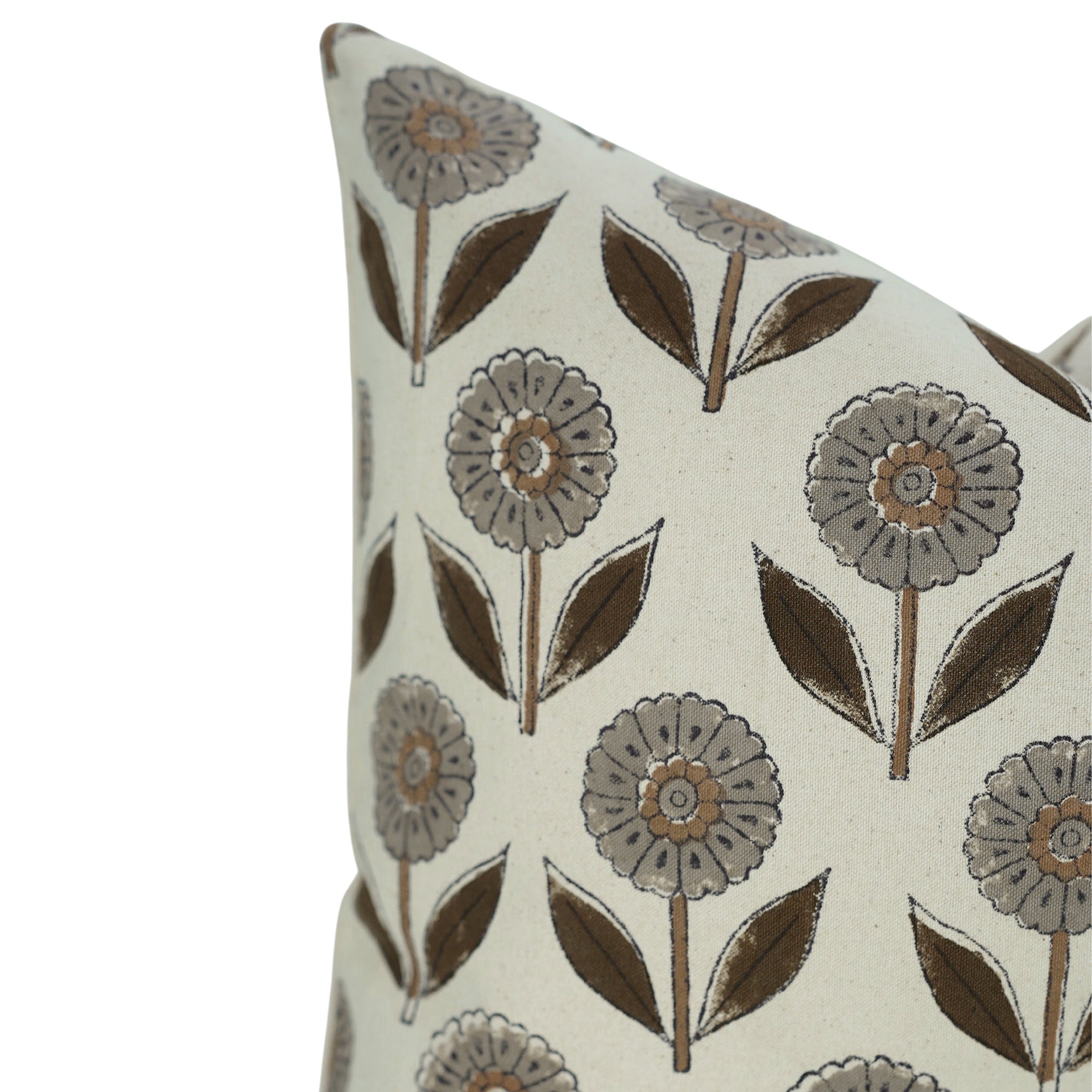 Elegant Handblock Floral Cushion Case With Invisible Zipper in Gray and Brown - GandaPushpa By Fabdivine