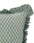 Block Print Pure Linen Frill Pillow Cover-Hariyali