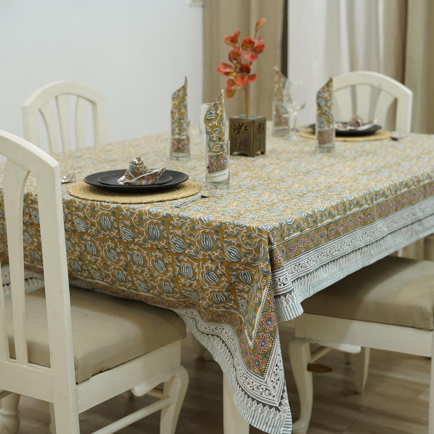 FLORAL HANDMADE BLOCK PRINTED COTTON INDIAN TABLE COVER/COVERING - 6 KAMAL