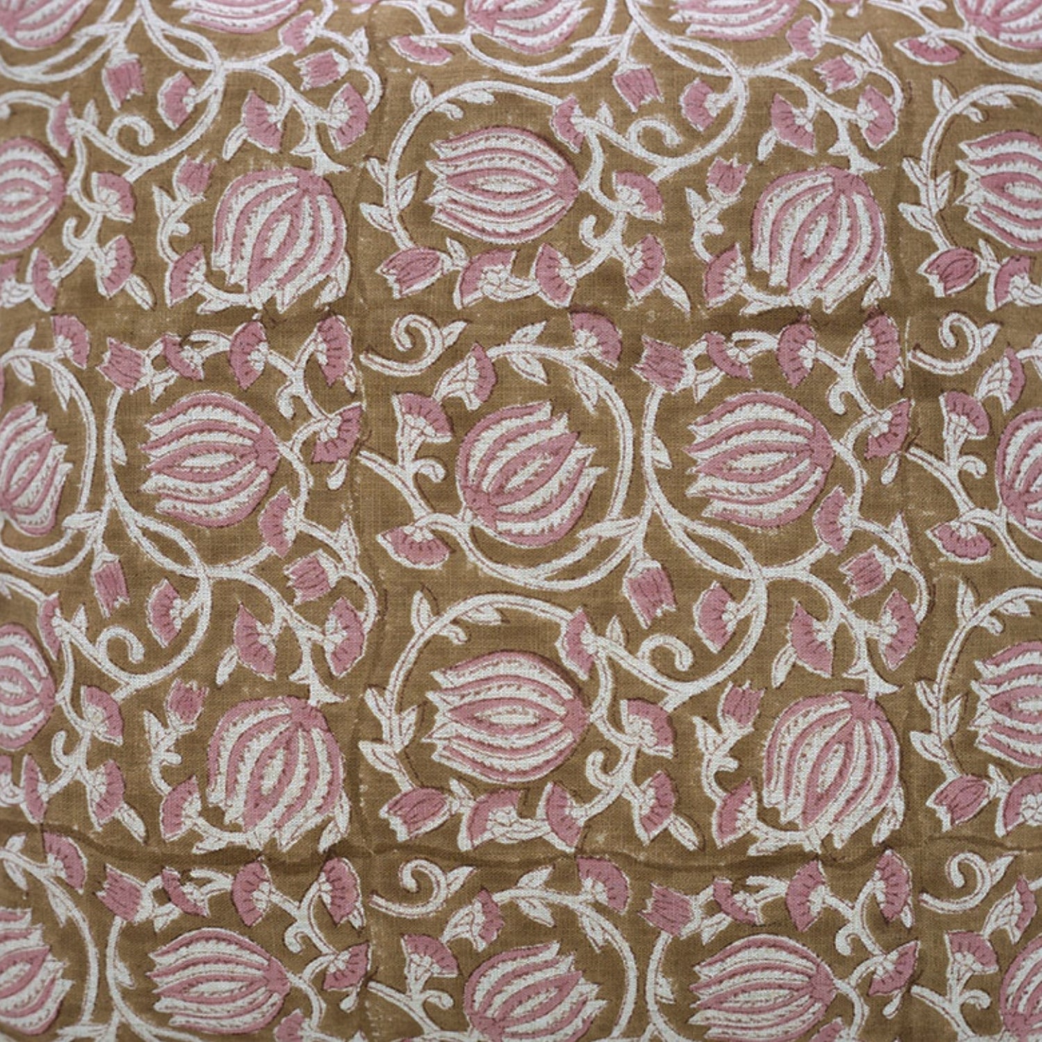 6 Kamal Handcrafted Viscose Linen Cushion Wrap – Pink & Brown Floral Block Print Elegance