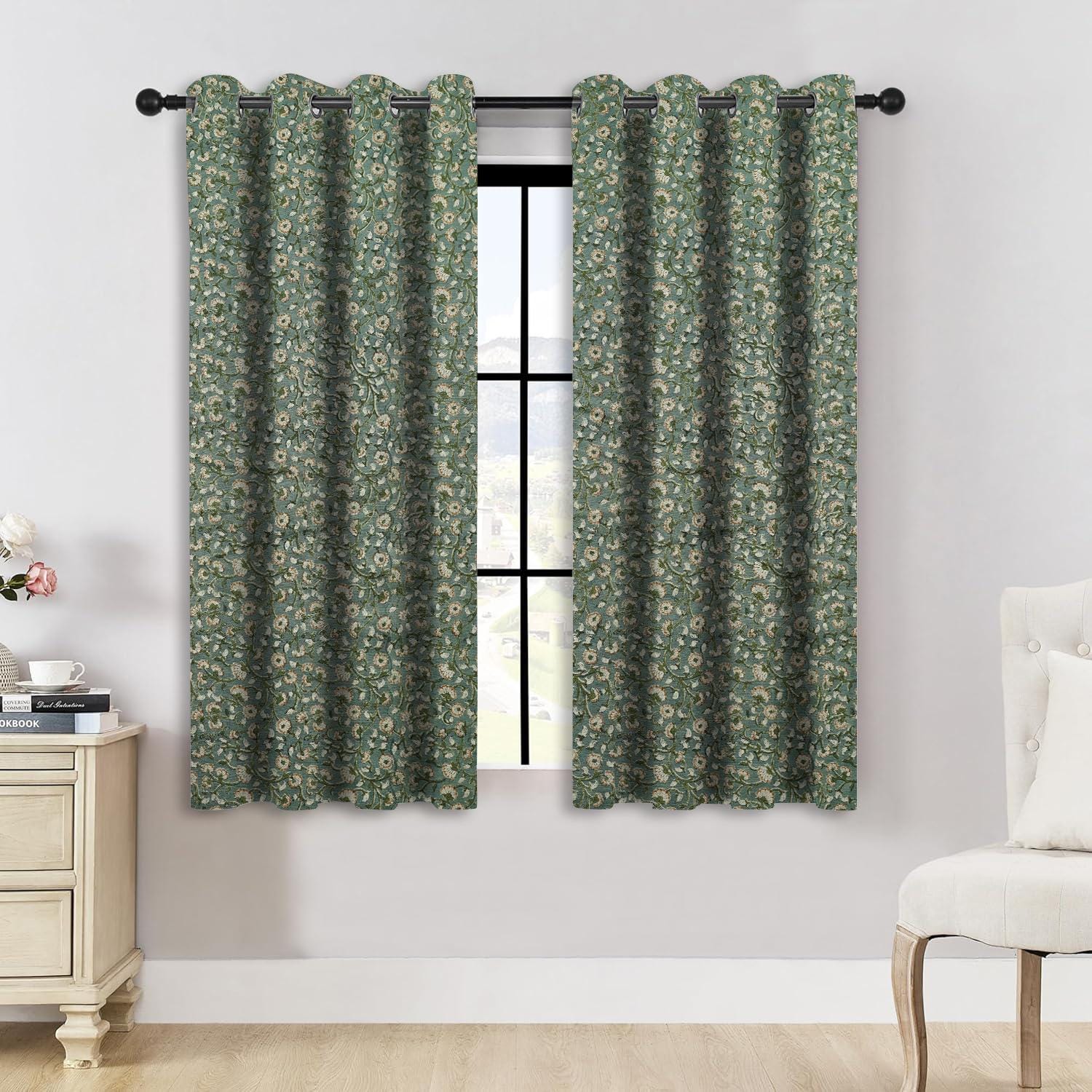 Blackout Linen Block Print Curtains with Grommet Panels - Handmade Floral Drapes - Himachal