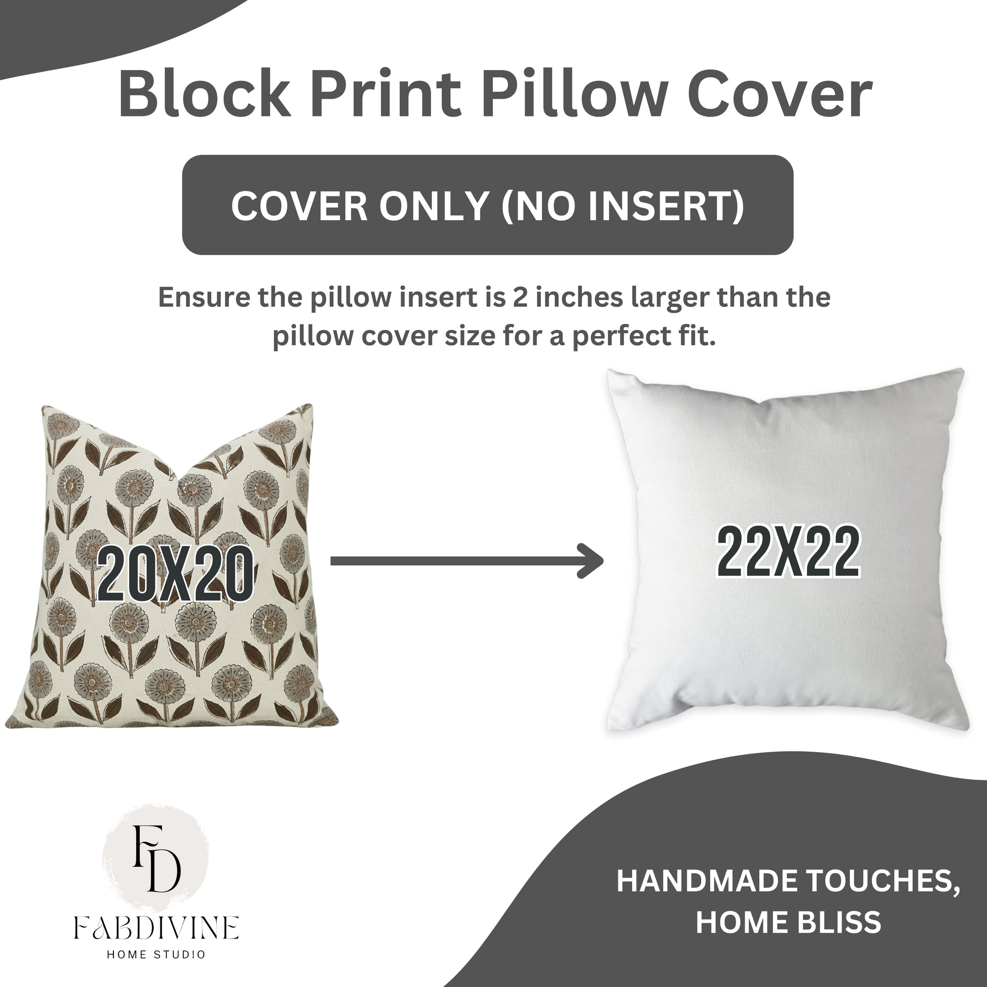 Elegant Handblock Floral Cushion Case With Invisible Zipper in Gray and Brown - GandaPushpa By Fabdivine