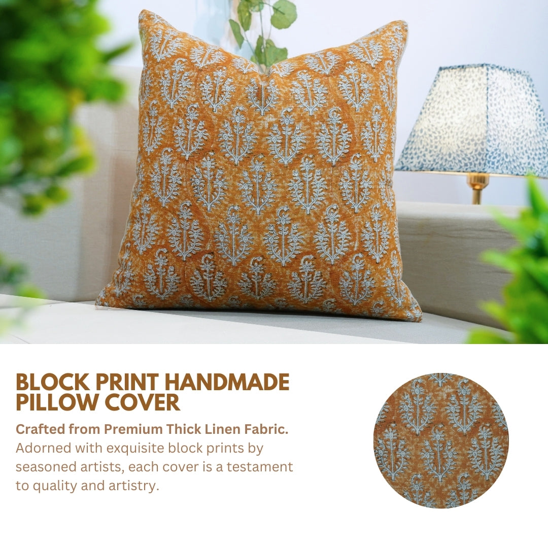 Block Printed Heavy Linen Throw Pillow Cover - Neel Gagan By Fabdivine