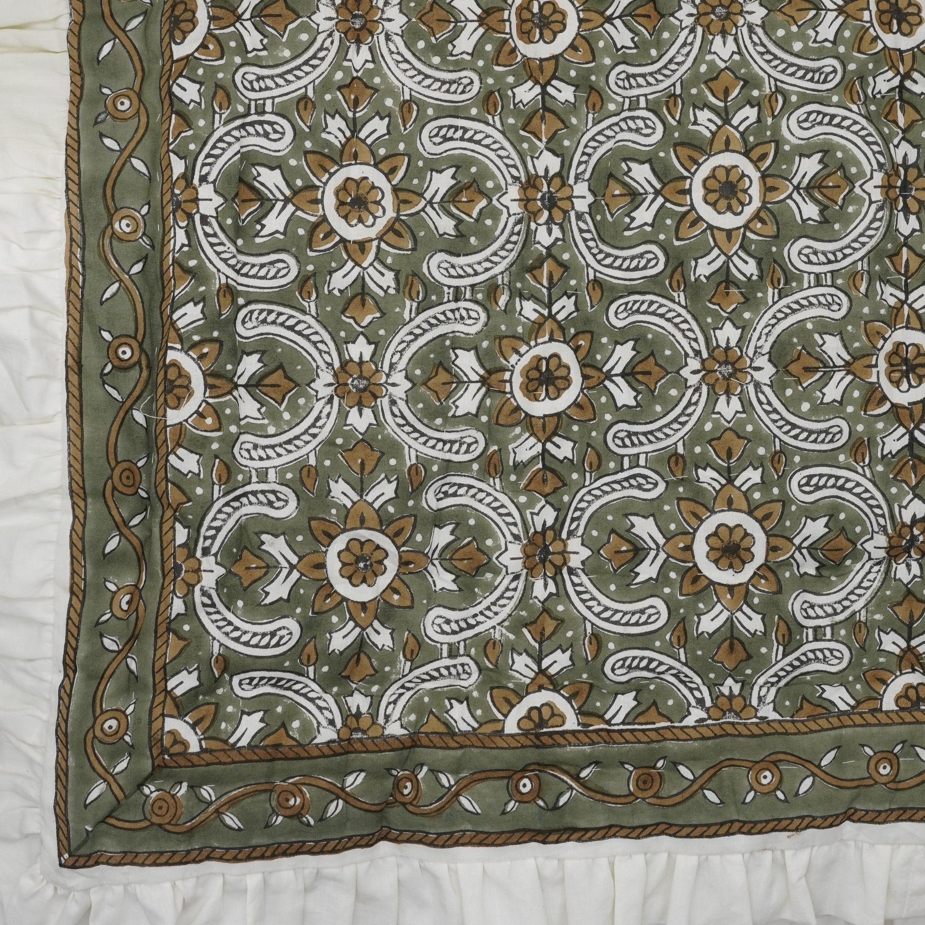 Hand-Block Printed Cotton Quilt Fabric - Floral Design in Brown, Gray & White