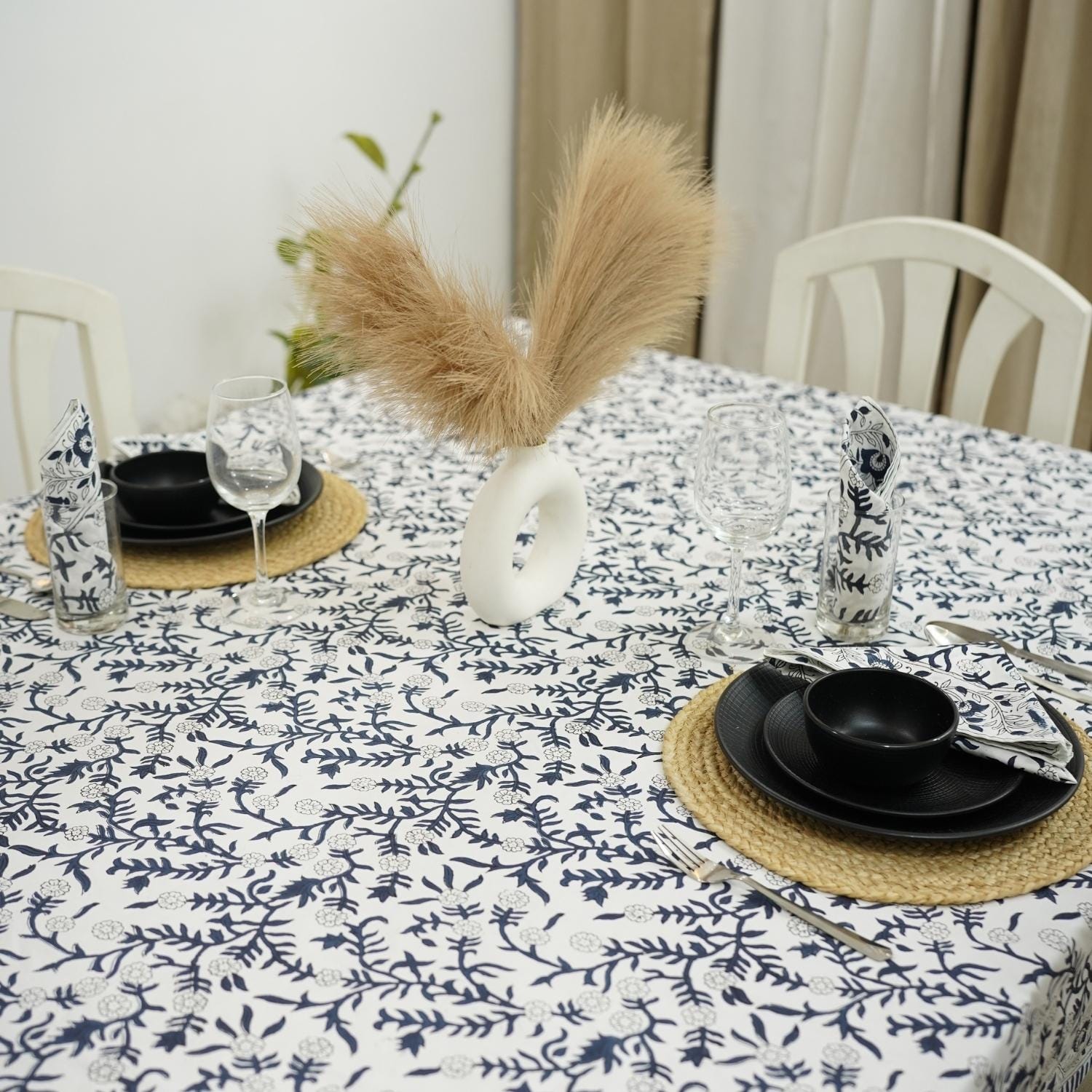 BLOCK PRINTED FLORAL HANDMADE DECORATIVE COTTON TABLE COVERING AND RUNNER - SEHJAN