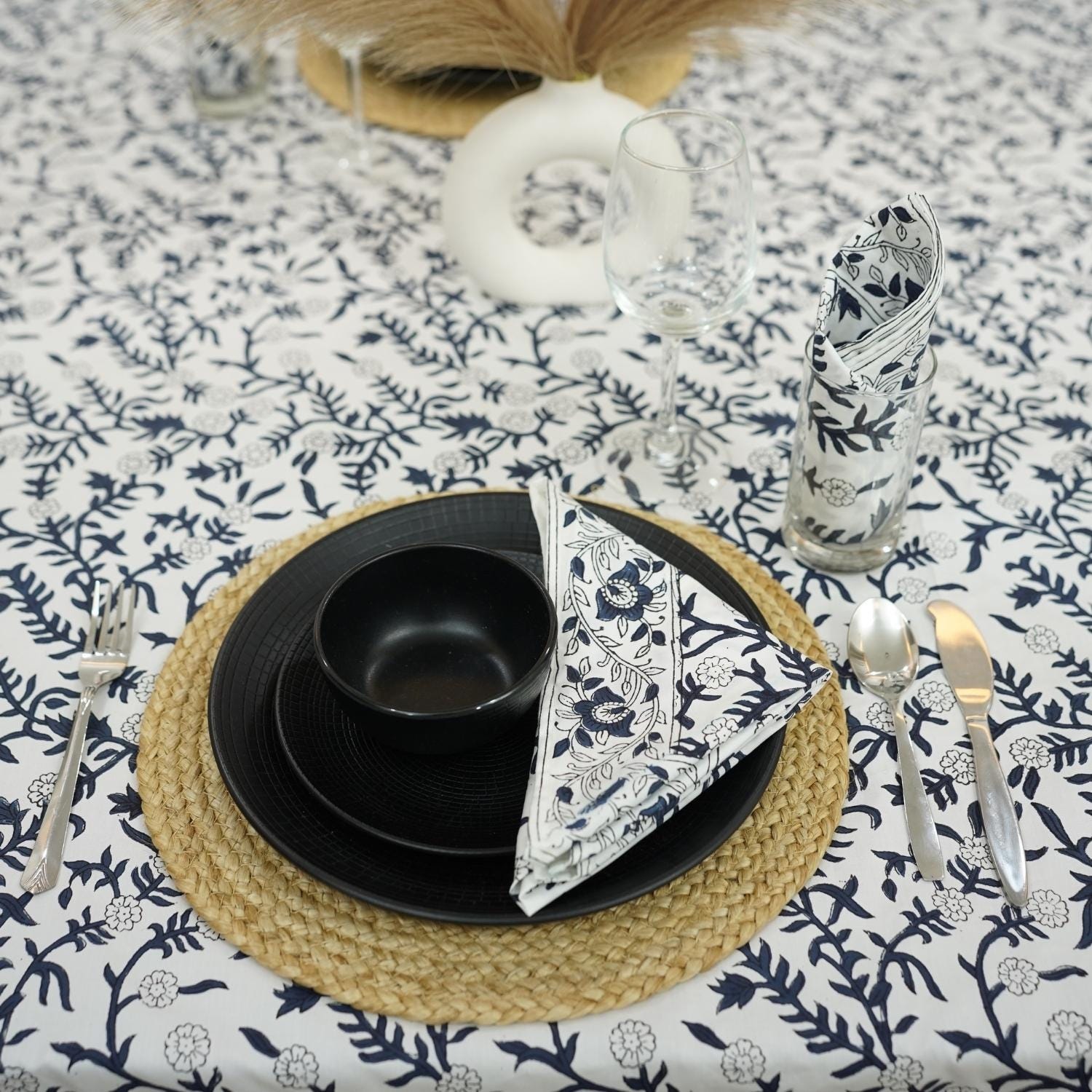 BLOCK PRINTED FLORAL HANDMADE DECORATIVE COTTON TABLE COVERING AND RUNNER - SEHJAN