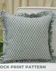 Block Print Pure Linen Frill Pillow Cover-Hariyali