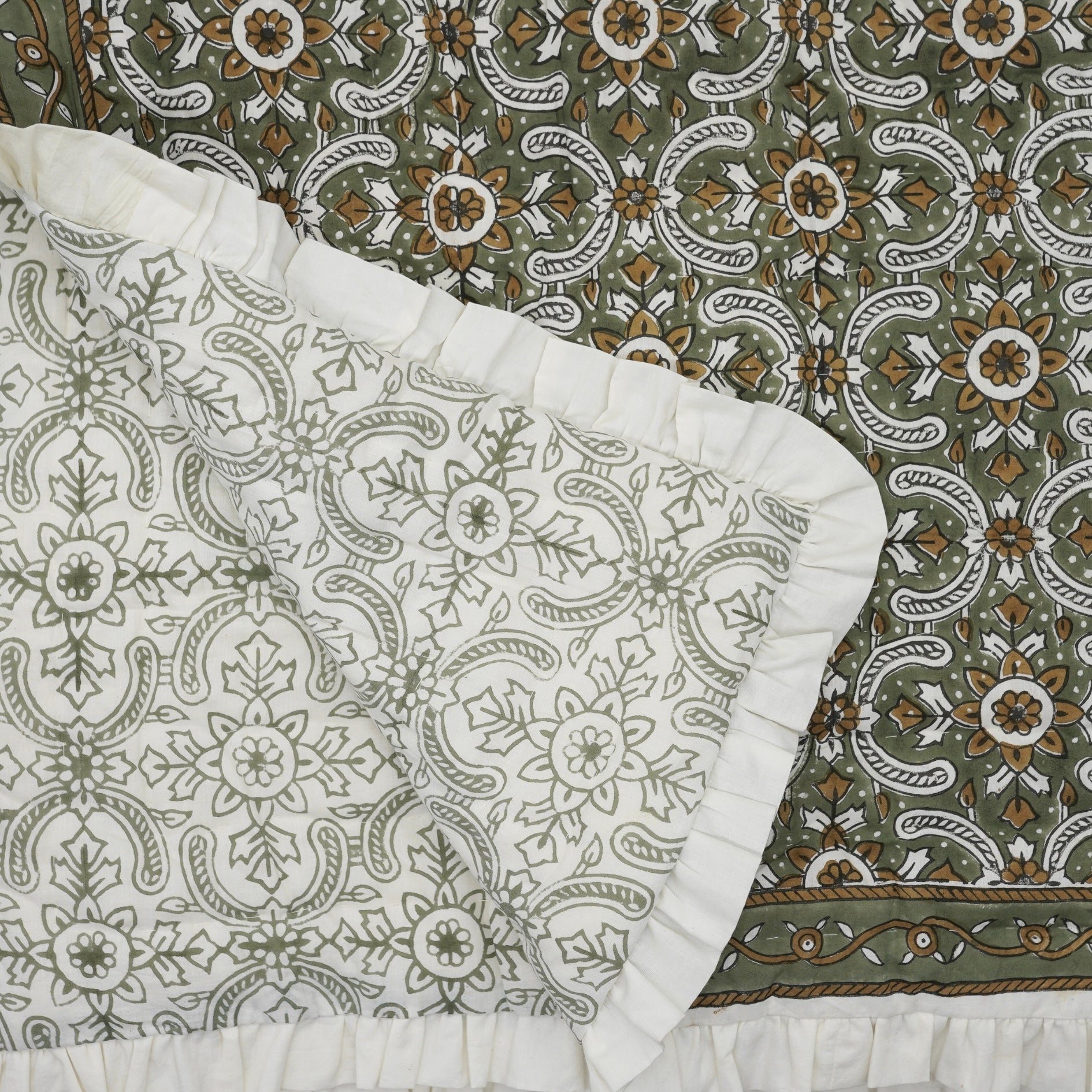 Hand-Block Printed Cotton Quilt Fabric - Floral Design in Brown, Gray & White