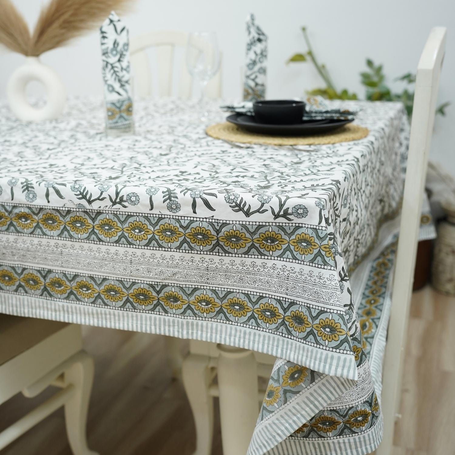 FLORAL HAND BLOCK PRINTED 100% COTTON KITCHEN TABLE COVER AND NAPKINS SET - SEHJAN