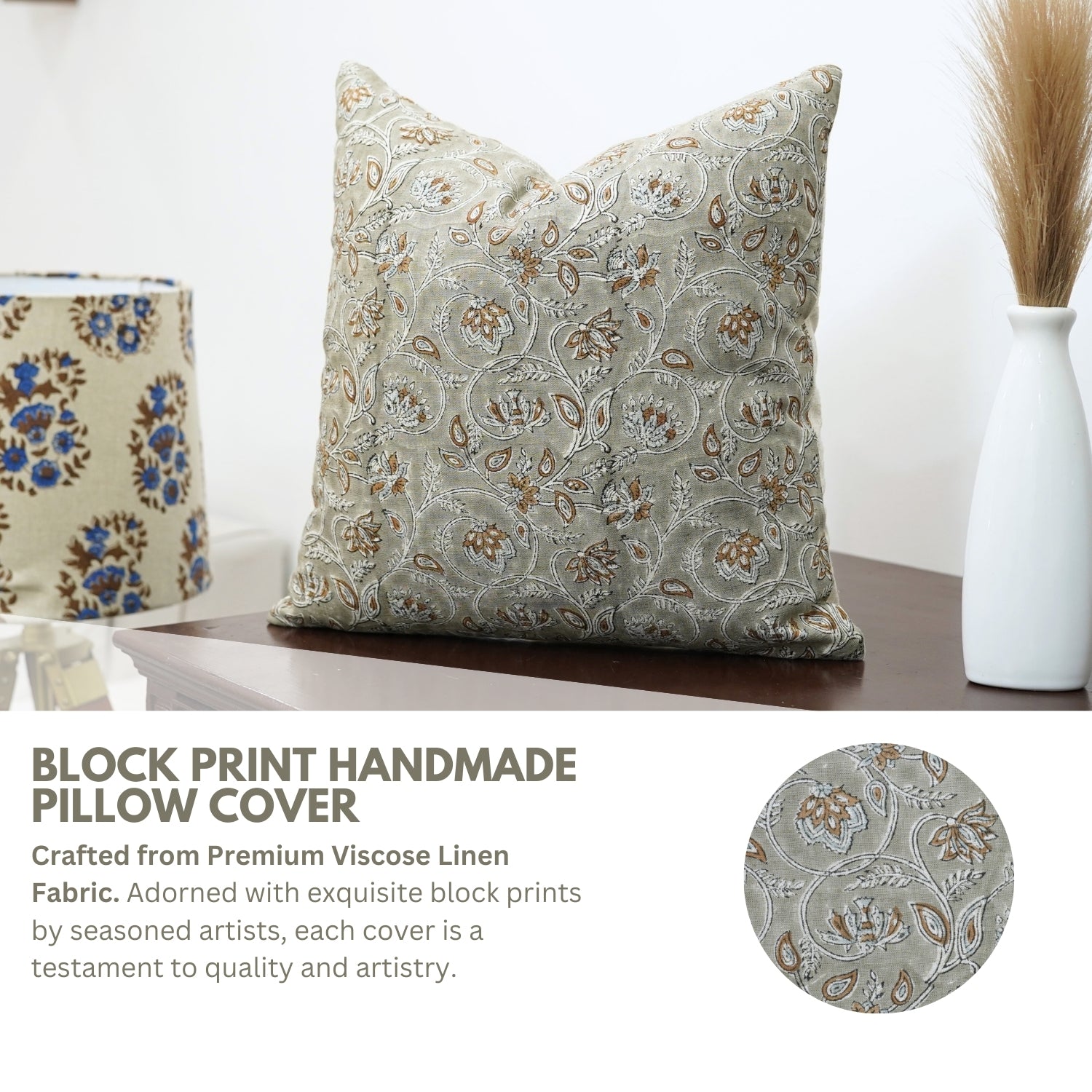 Floral HandBlock Printed Viscous Linen Throw Pillow Cover - Saraswati In Gray