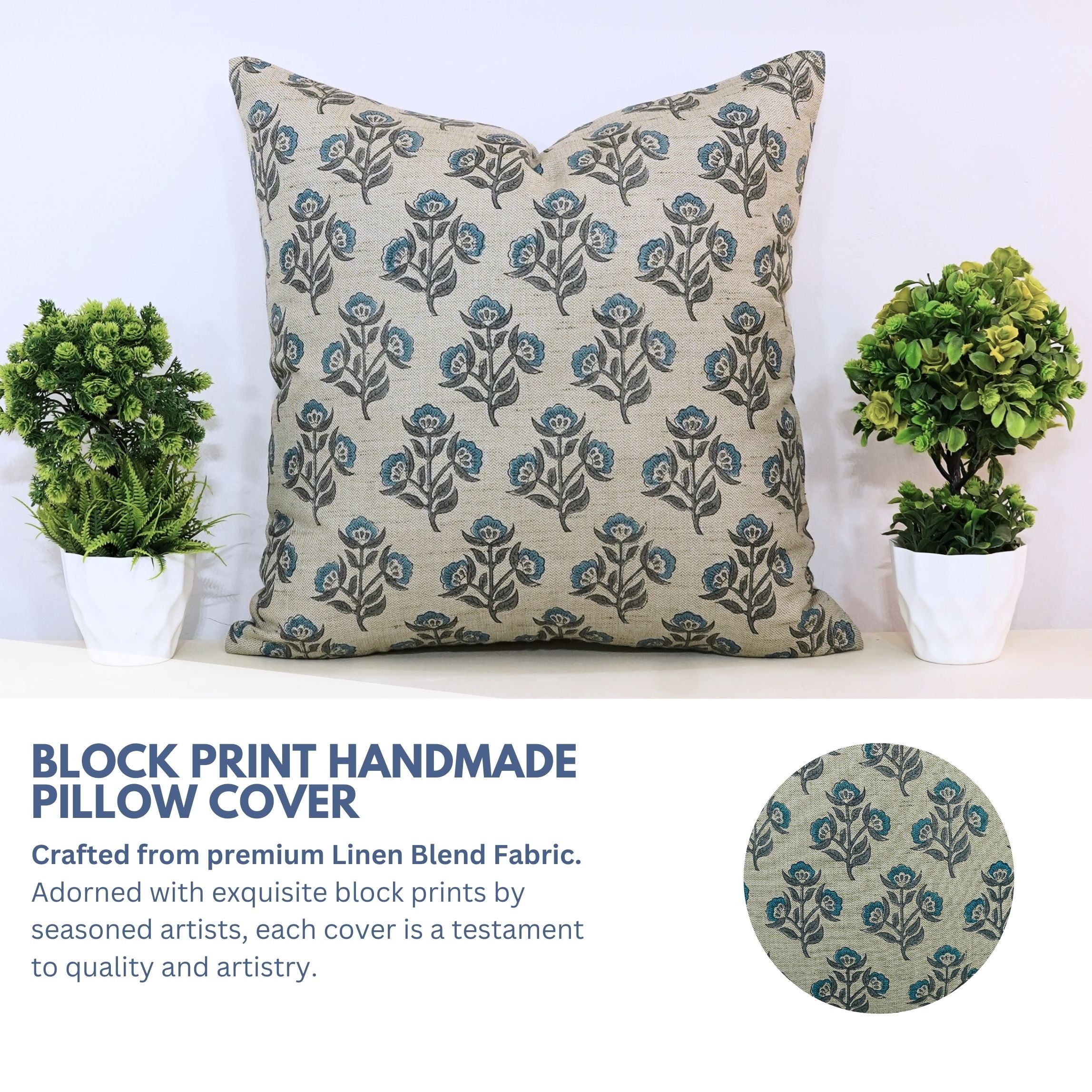 Block Print Linen Pillow Cover-BAEL PATRA - Fabdivine