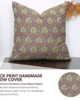 Kusum Handmade Leaf Printed Linen Blend Cushion Wrap – Mustard, Light Blue & Brown