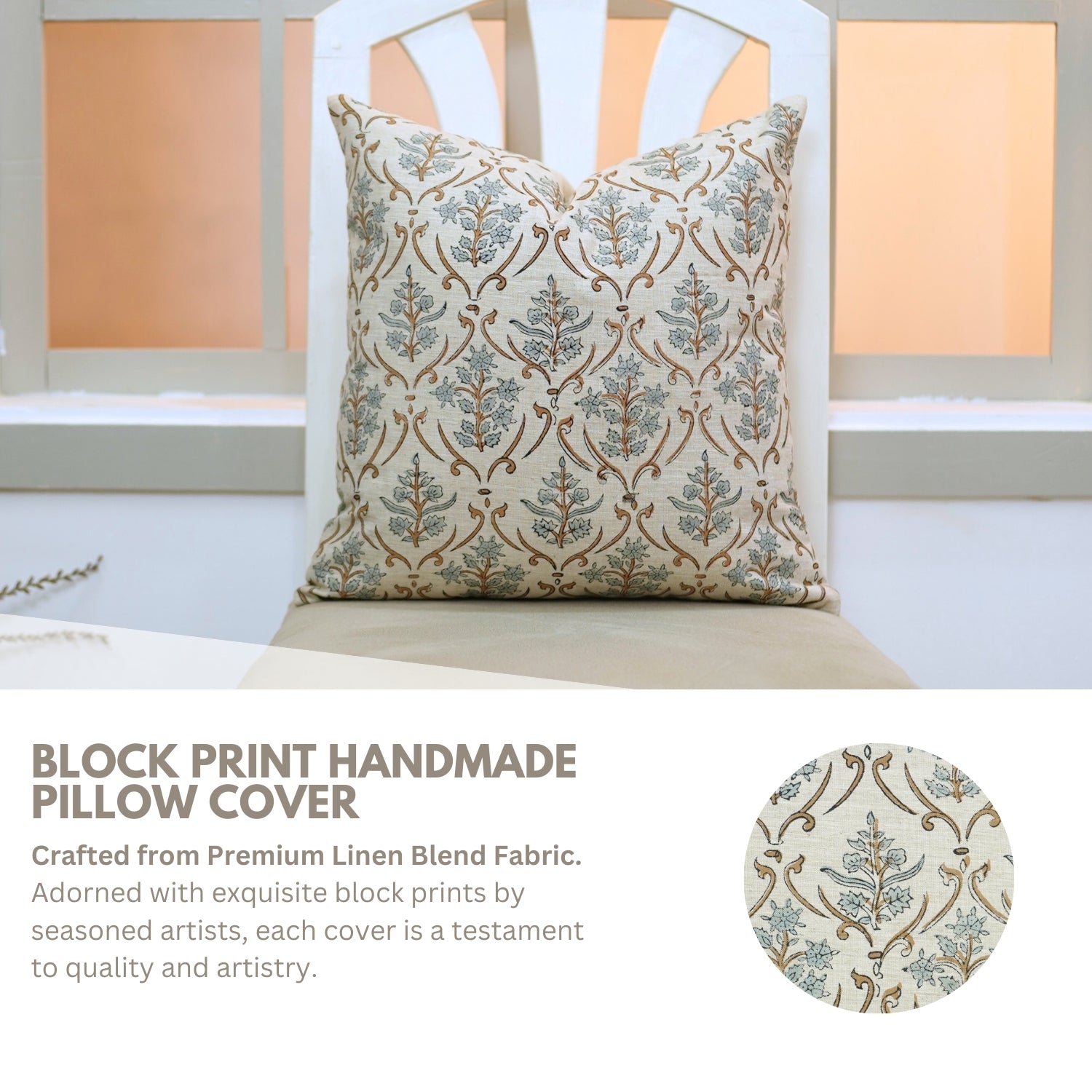 Block Print Linen Blend Pillow Cover-Vishal Pushpa