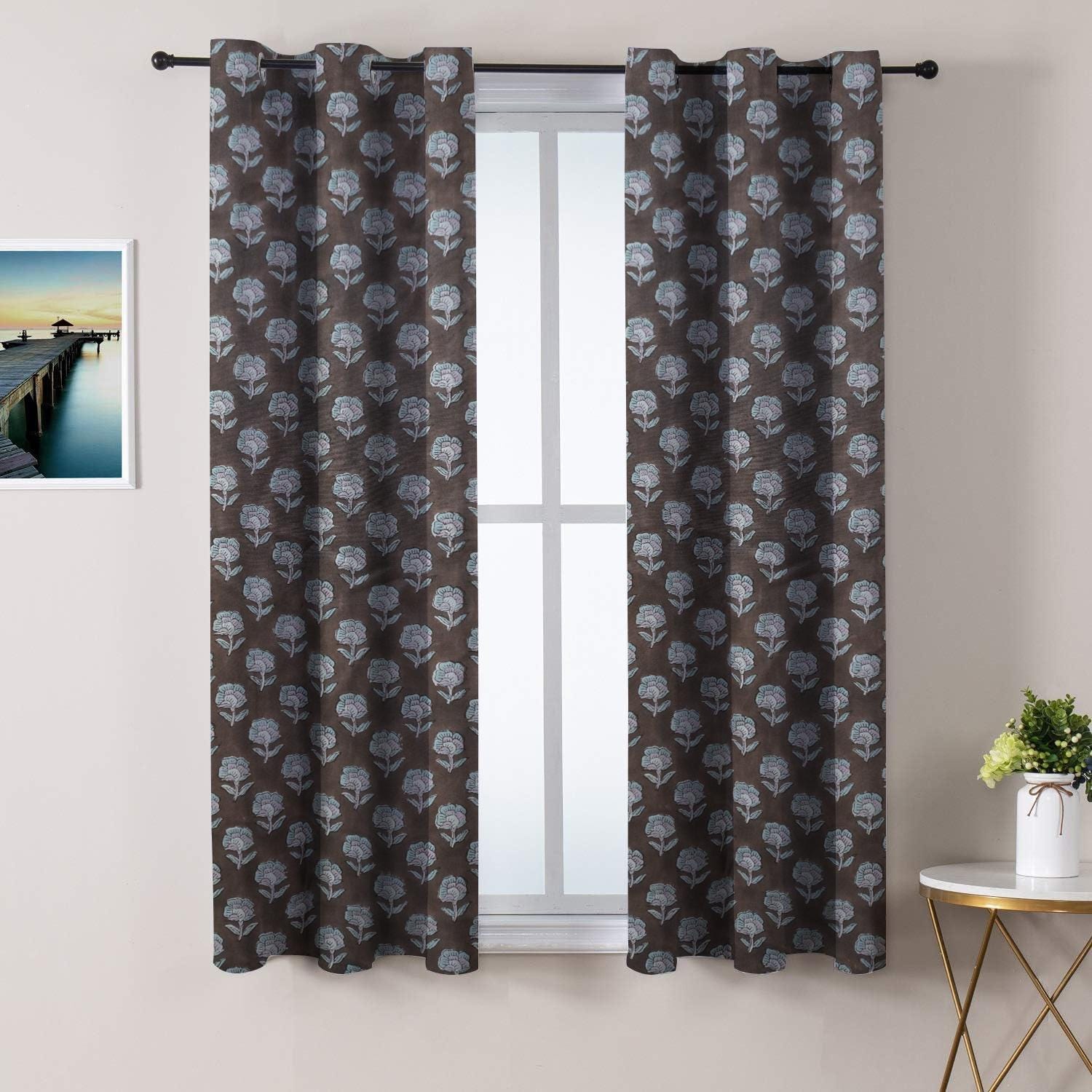 Block Print Linen Blackout Curtains - Floral Boho Room Darkening Shades - Rohini