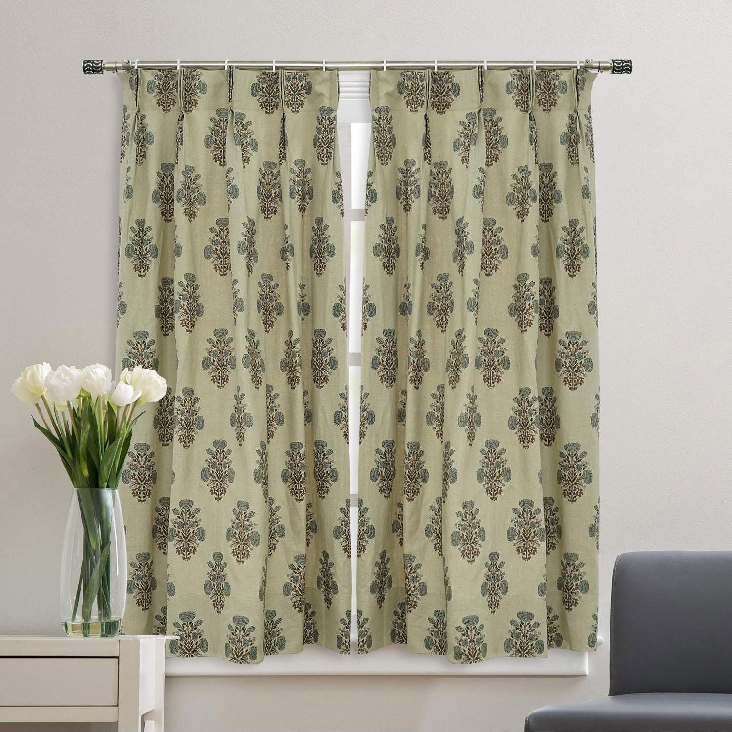 Hand Block Printed Floral Linen Curtains - Blackout Window Door Treatment - Swadesh