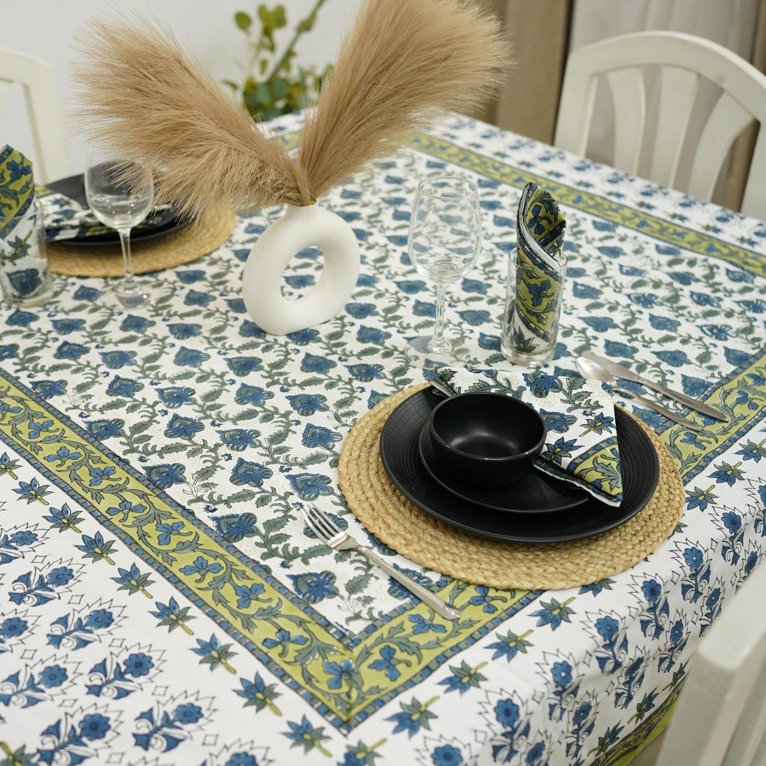 HANDCRAFTED INDIAN  BLOCK PRINTED TABLE COVER 100% COTTON FABRIC AND NAPKINS RUNNER - KUSUM