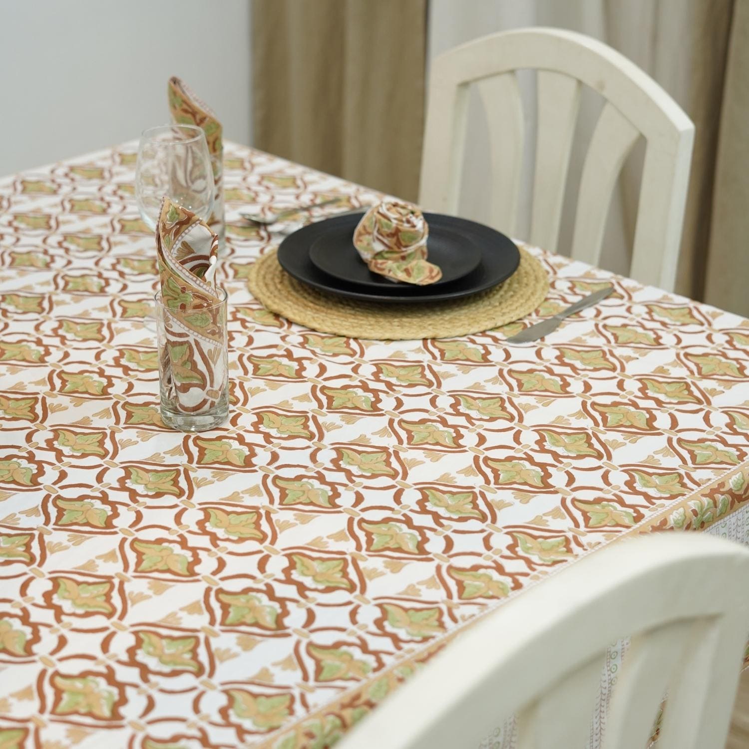 BLOCK PRINTED HANDMADE FLORAL COTTON TABLECLOTH/COVERING - HRIDYAVAN