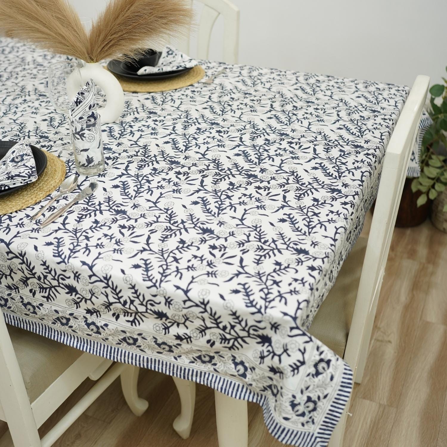 BLOCK PRINTED FLORAL HANDMADE DECORATIVE COTTON TABLE COVERING AND RUNNER - SEHJAN