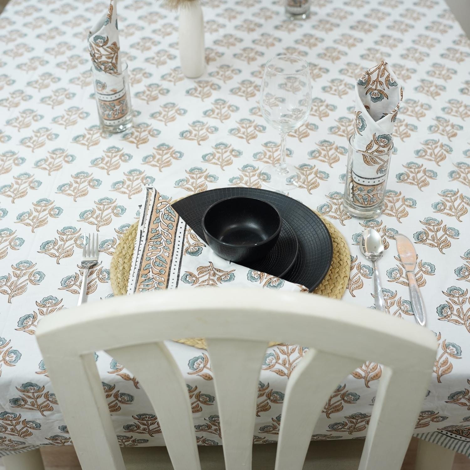 BROWN FLORAL HAND BLOCK PRINTED COTTON KITCHEN TABLE COVER AND NAPKINS SET - BAEL PATRA