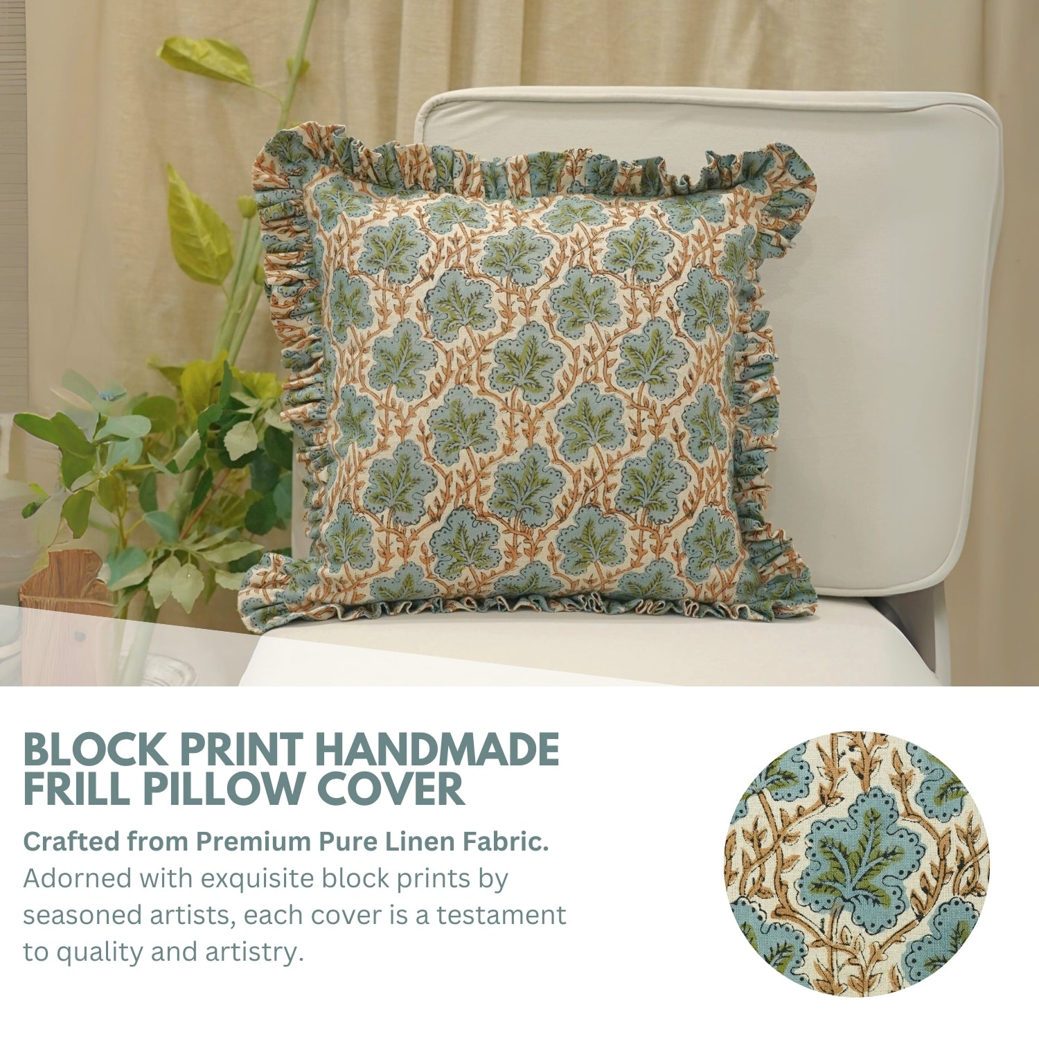 Block Print Pure Linen Frill Pillow Cover-Pushpa Samhita