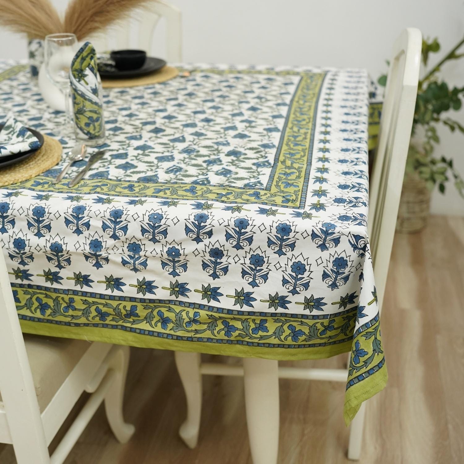 HANDCRAFTED INDIAN  BLOCK PRINTED TABLE COVER 100% COTTON FABRIC AND NAPKINS RUNNER - KUSUM