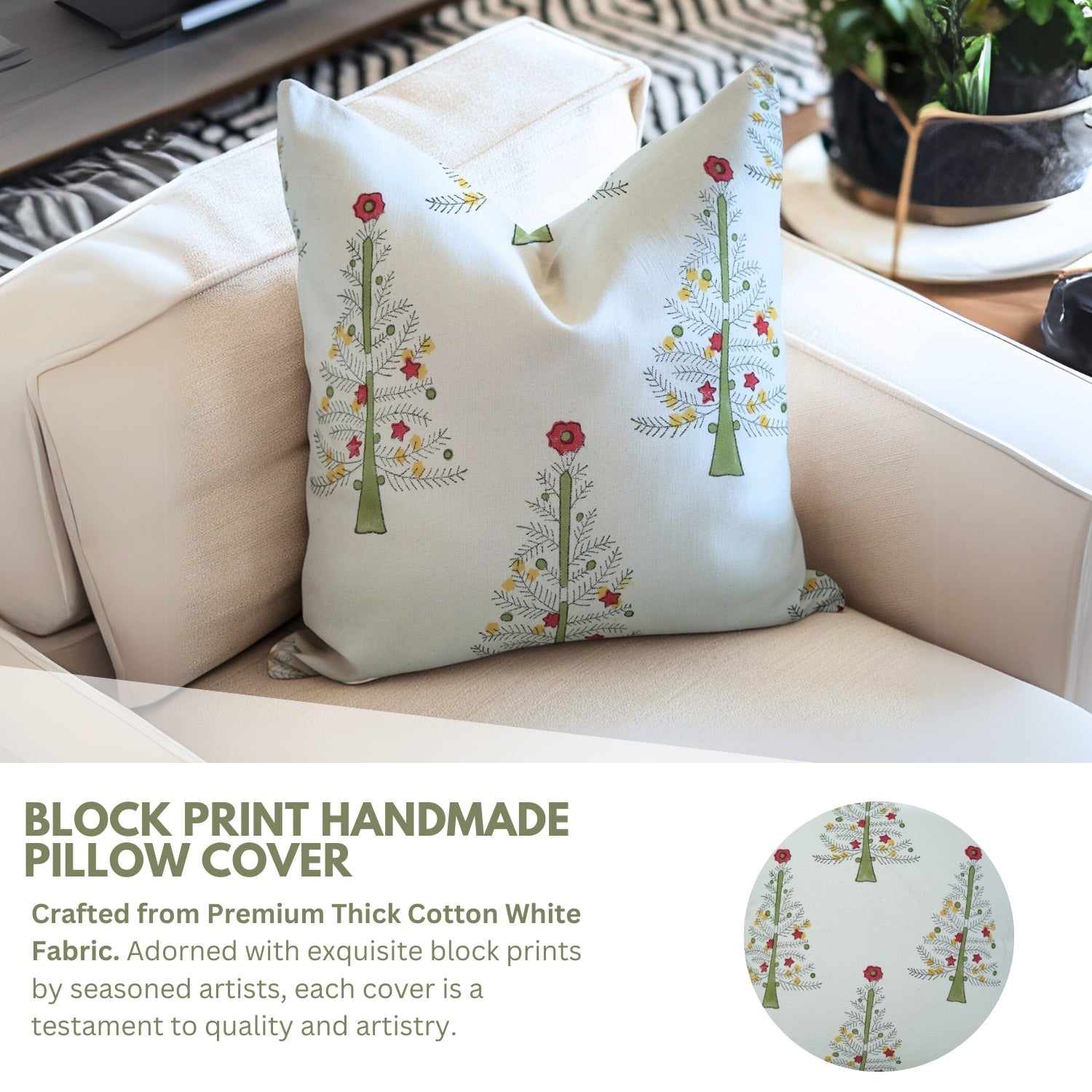 Hand Block Printed Farmhouse Thick White Cotton Pillow Cover – ChristmasTree Green By Fabdivine.