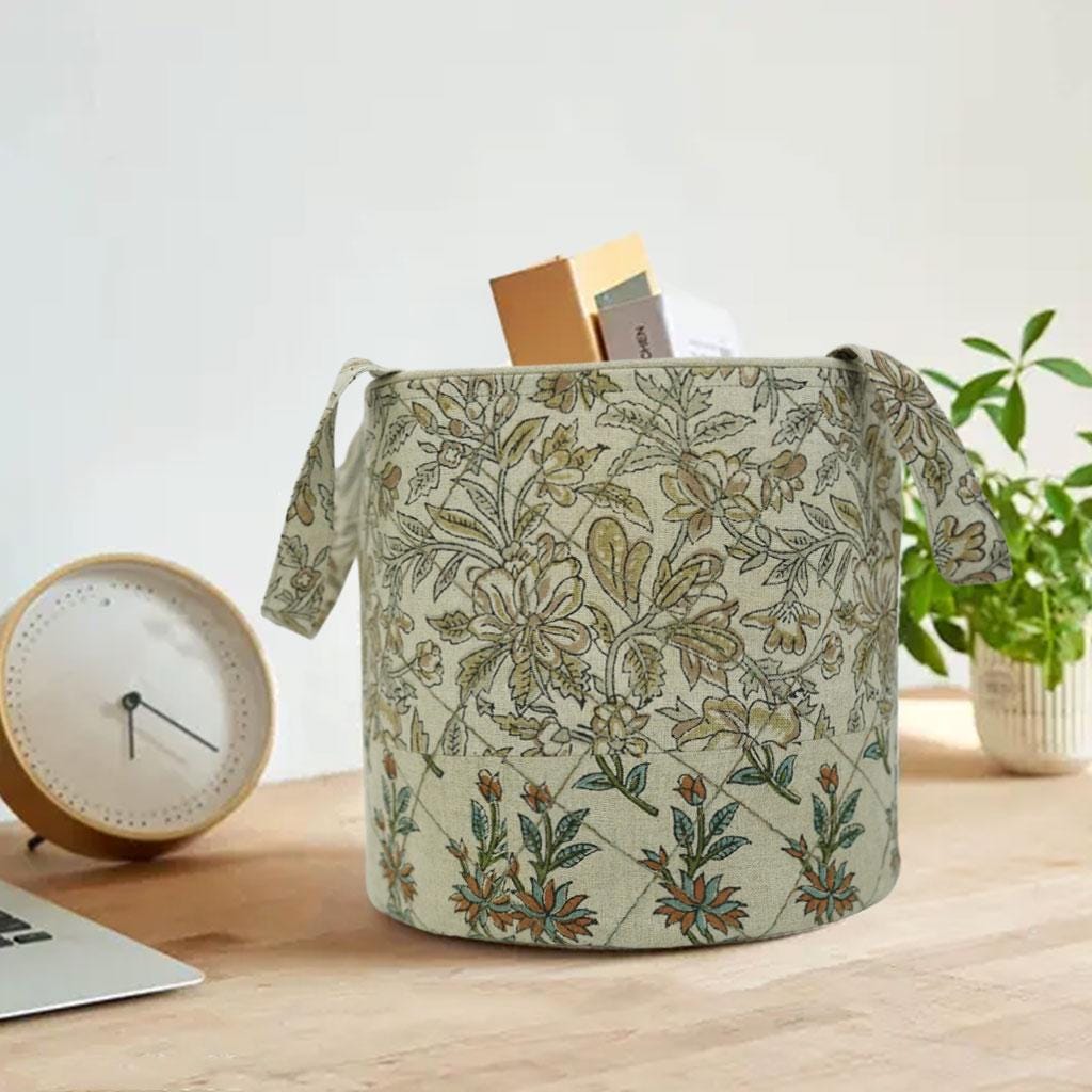 BLOCK PRINTED HANDMADE FLORAL GRAY &amp; BROWN BASKET LINEN HANGING ORGANIZER - DEEPIKA