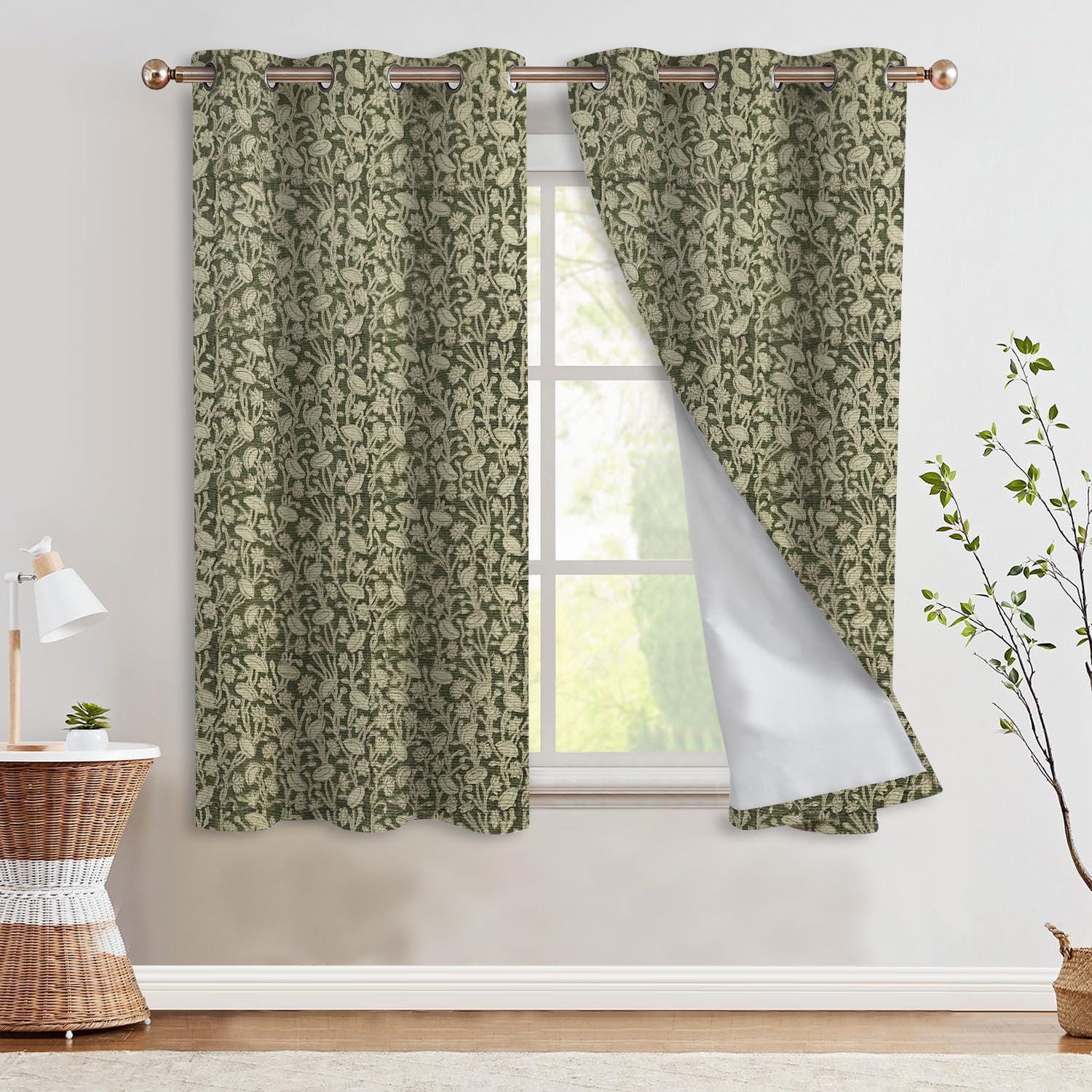 Floral Blackout Curtains - Thick Linen Room Darkening Grommet Treatment - Pishta