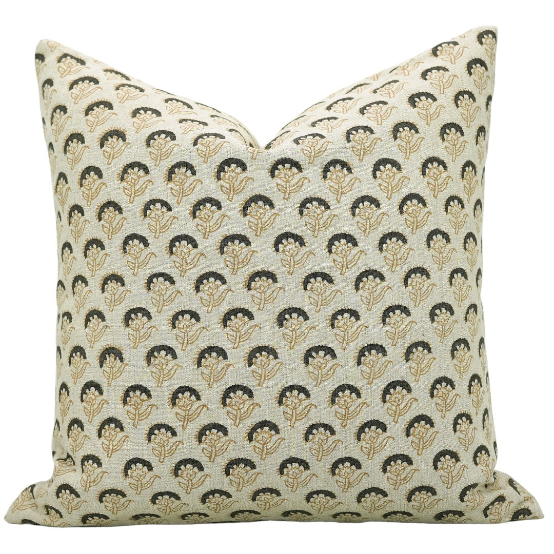 Block print Pure Linen throw pillow cover- JUJU FLOWER - Fabdivine