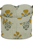 THICK LINEN FLORAL BASKETS BOHEMIAN MUSTARD & GREEN BLOCK PRINTED ROUND ORGANIZER - SWADESH