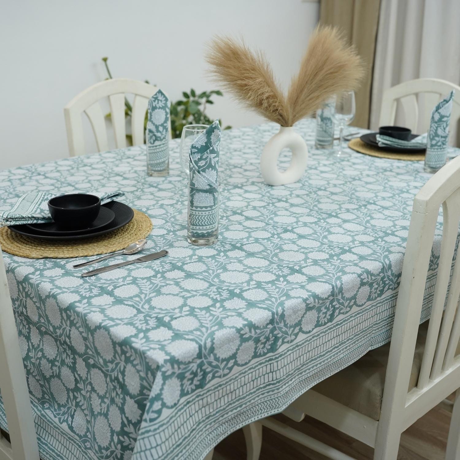 BLOCK PRINTED SKY BLUE BOHO FLORAL COTTON TABLE CLOTH/COVER AND NAPKINS SET - RAJAT