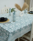 BLOCK PRINTED SKY BLUE BOHO FLORAL COTTON TABLE CLOTH/COVER AND NAPKINS SET - RAJAT