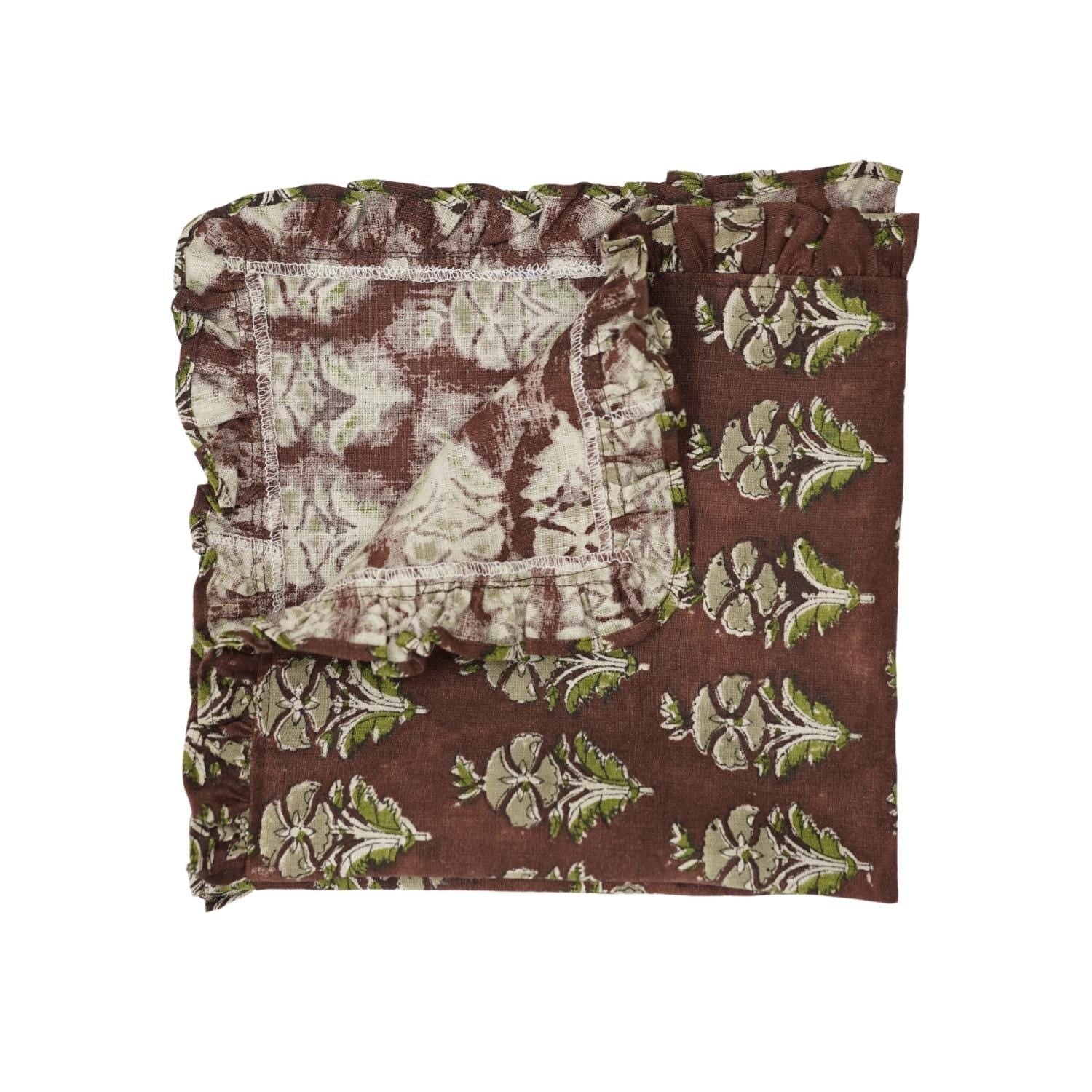 PURE LINEN BLOCK PRINTED FRILL NAPKIN SET DECORATIVE RUFFLE DESIGN – HANDMADE INDIAN STYLE BOHO MORMUKUT